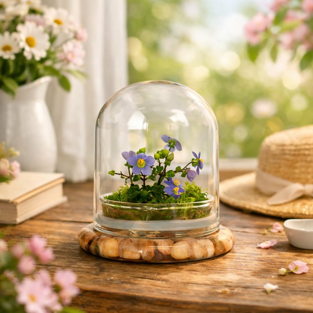 Award Winning: Persian Violet with Sundew Moss - Live Flower Terrarium in Self Sustaining Glass Jar, Maintenance Free and Blooms All-Season, Great Unique Gift and Home Decor, 100% Growth Guarantee