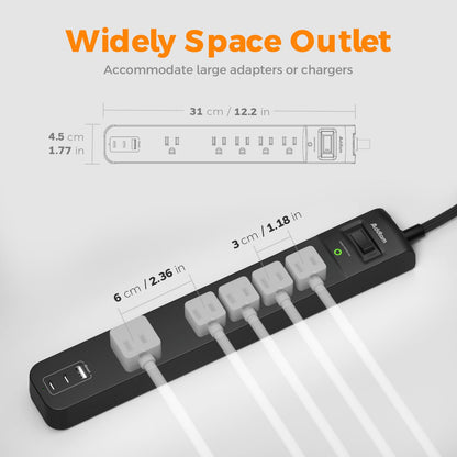 2 Pack Power Strip Surge Protector - 5 Widely Spaced Outlets 3 USB Charging Ports, 1875W/15A 6Ft Braided Extension Cord, Flat Plug Overload Protection, Wall Mount for Home Office Dorm Room Essentials