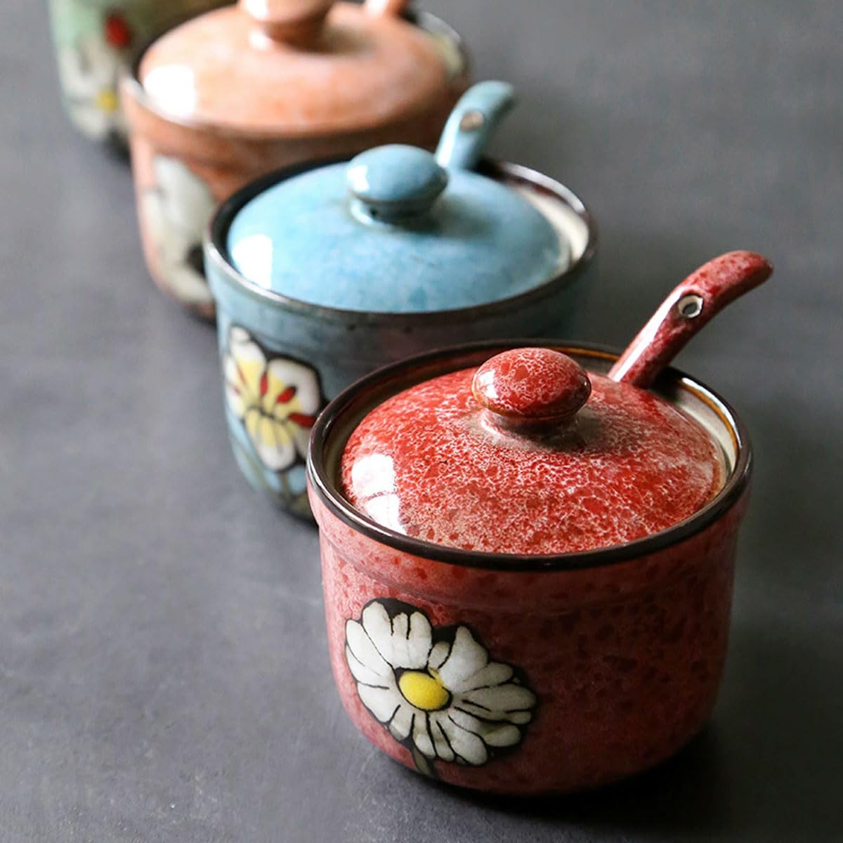 Soyestan Handmade Ceramic Sugar Bowl with Lid and Spoon, 9oz Porcelain Condiment Jar with Hand-Painted Floral Design, Colorful Seasoning Container for Sugar, Salt, Spices Kitchen (Green)