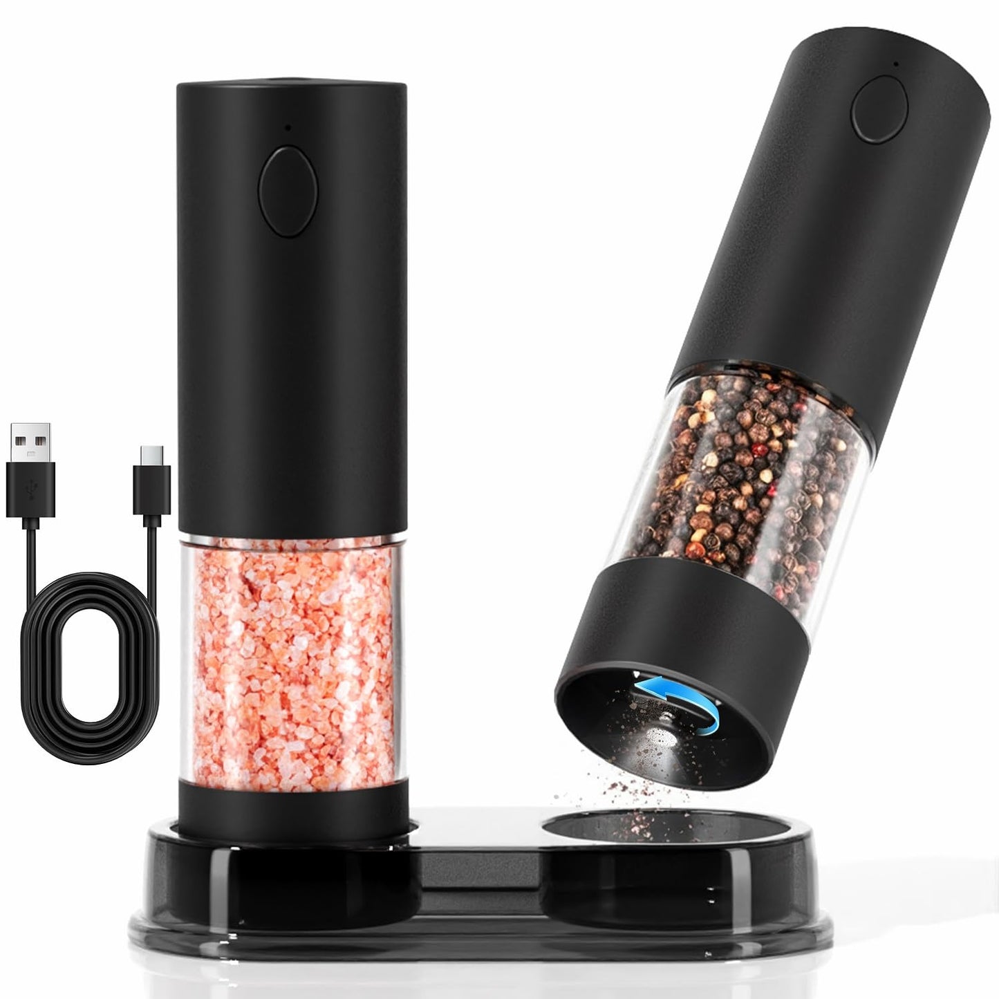 Electric Salt and Pepper Grinder Set, USB Rechargeable Automatic Pepper Mills and Salt Grinders with LED Light, Large 100ml Capacity, Adjustable Coarseness, One-Hand Operation, Stable Base