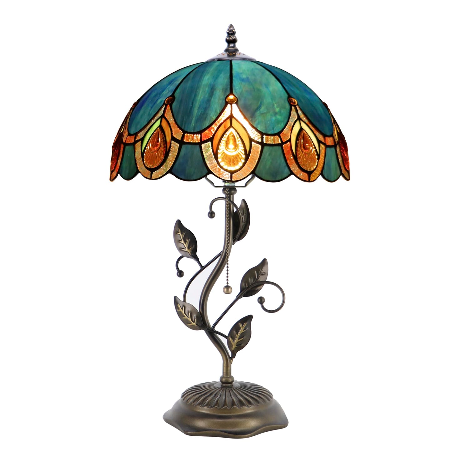 HWDFEI Tiffany Table Lamp, Stained Glass Style Desk Lamp, 12X12X19 Inch,Bedside Reading Light, Metal Leaf Base（Peacock Crystal Style