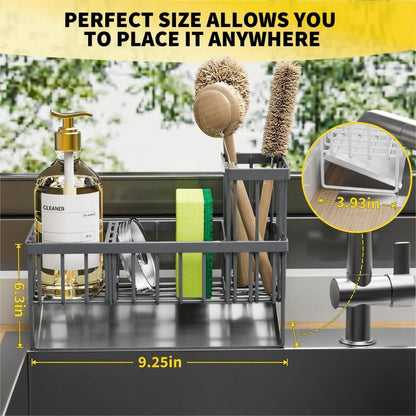 Cisily Kitchen Sink Caddy Organzier with High Brush Holder, Sponge Holder for Sink, 304 Rustproof Stainless, Kitchen Countertop Soap Dispenser Organizer, Kitchen Decor and Accessories