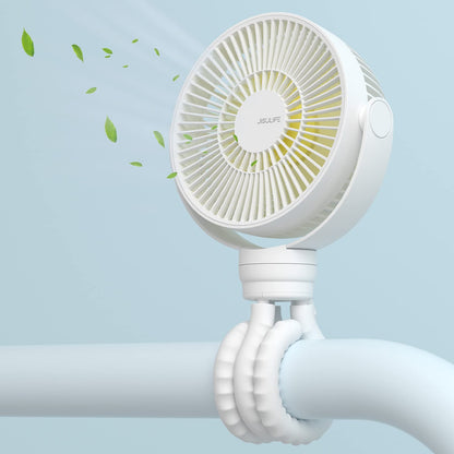 JISULIFE Mini Stroller Fan 4000mAh Battery Operated with 4 Speeds, Rechargeable 720°Rotatable, Clip on for Baby Carseat/Crib/Golf Cart/Treadmill -White