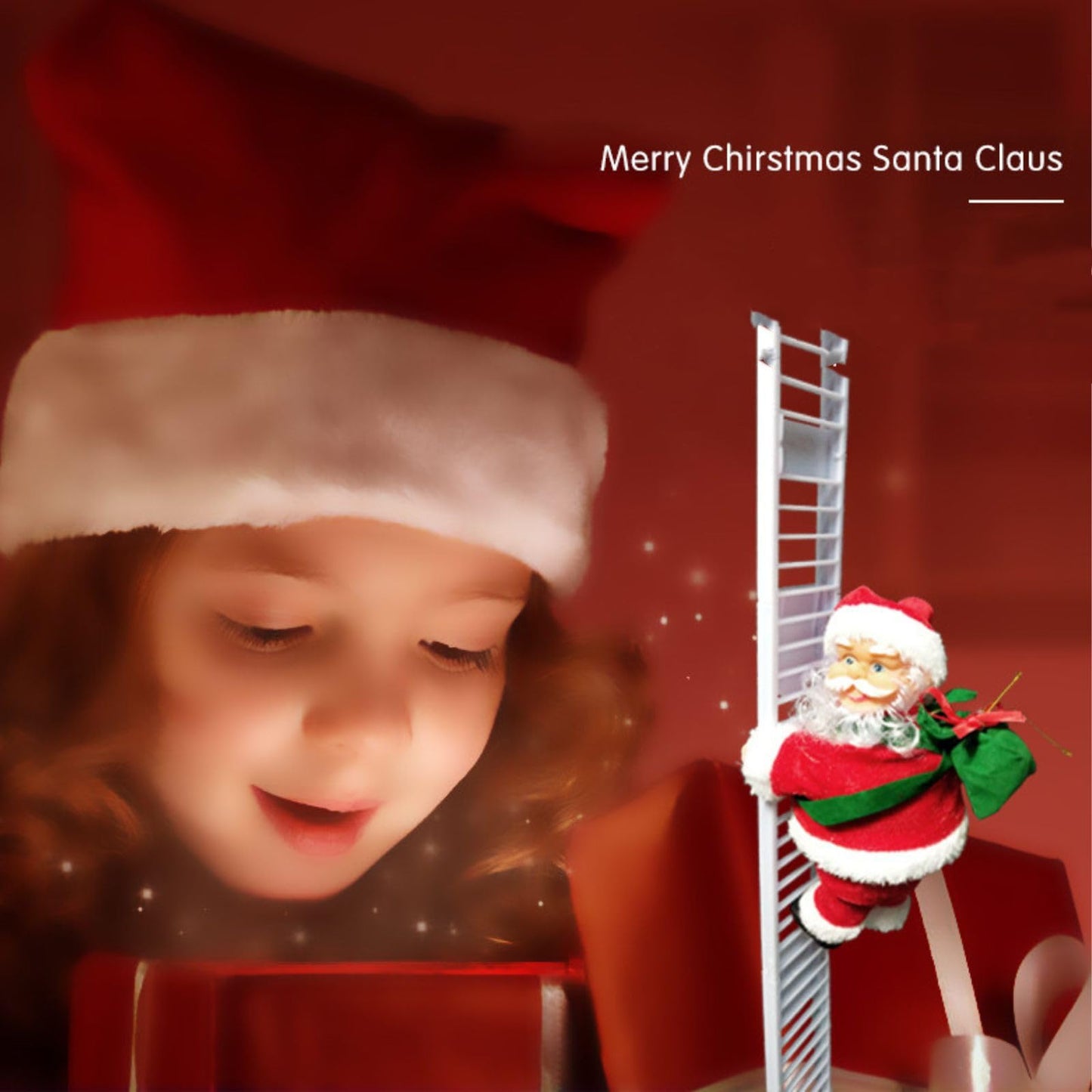 QUAAM Electric Santa Claus Climbing Ladder, Santa Claus on Ladder with Music - Christmas Tree Hanging Ornaments (White)