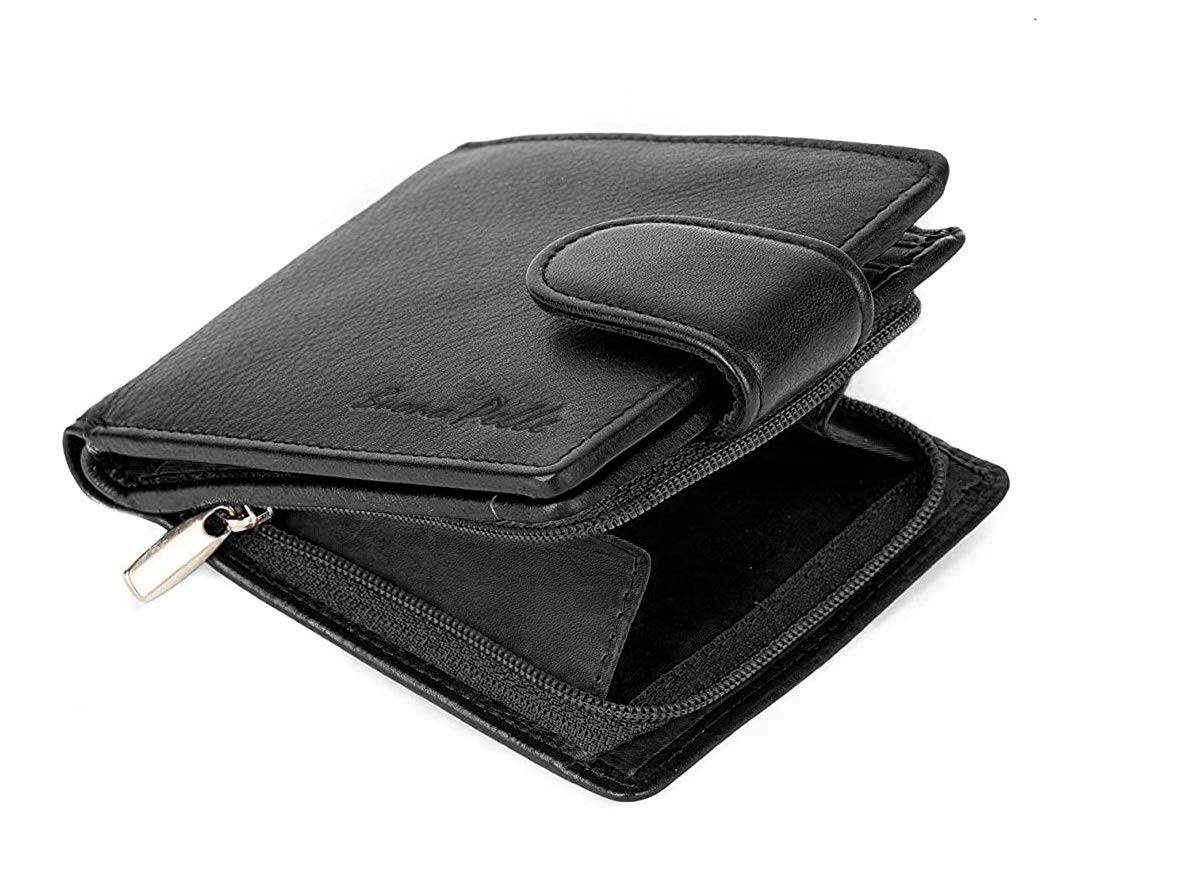 Buono Pelle RFID Blocking Mens Designer Genuine Real Soft Leather Wallet with Large Side Zip Coin Pocket/Pouch Gift Boxed