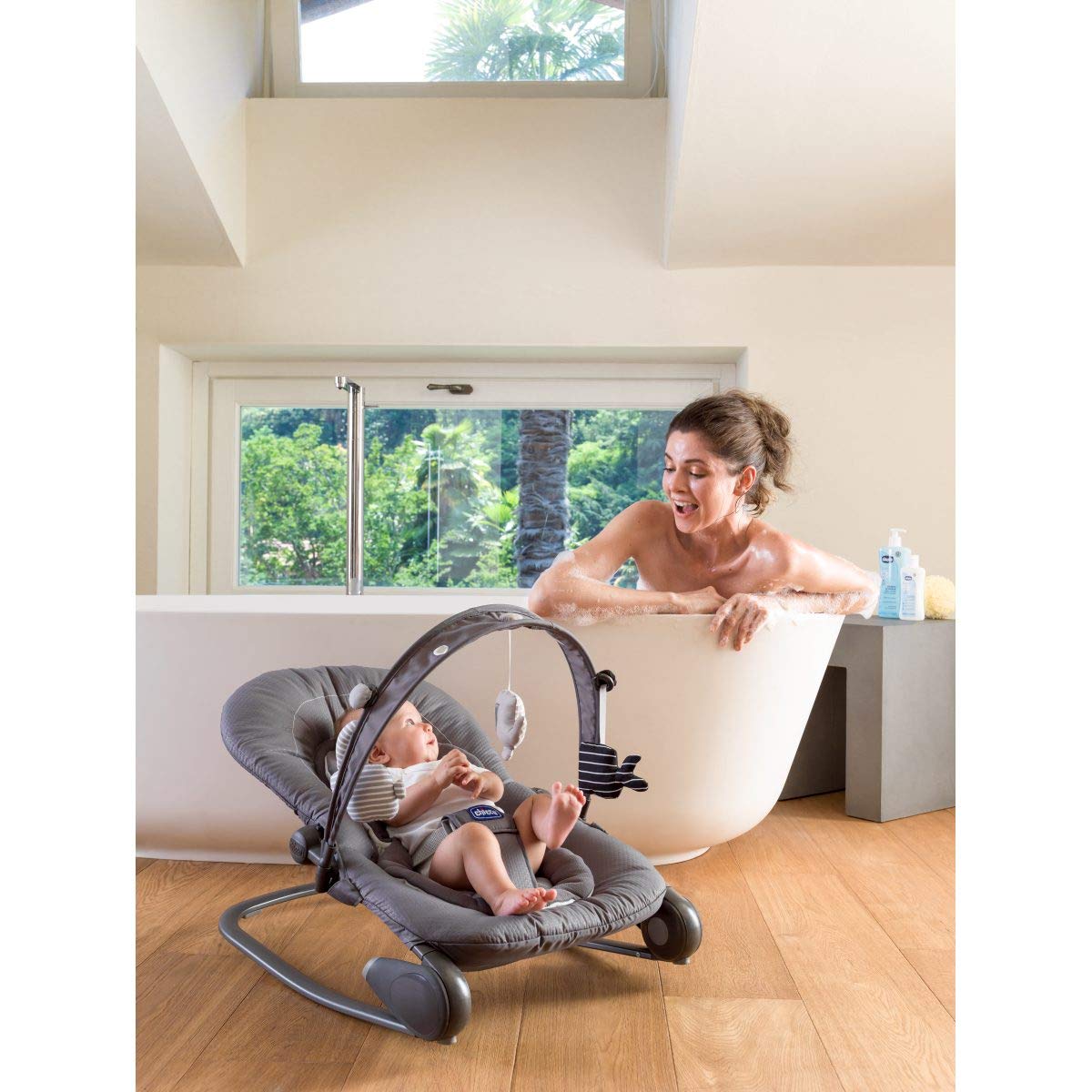 Chicco Hoopla Hammock with Play Bow Rocking System and Reducer 0-18kg Denim Grey (Titanium)