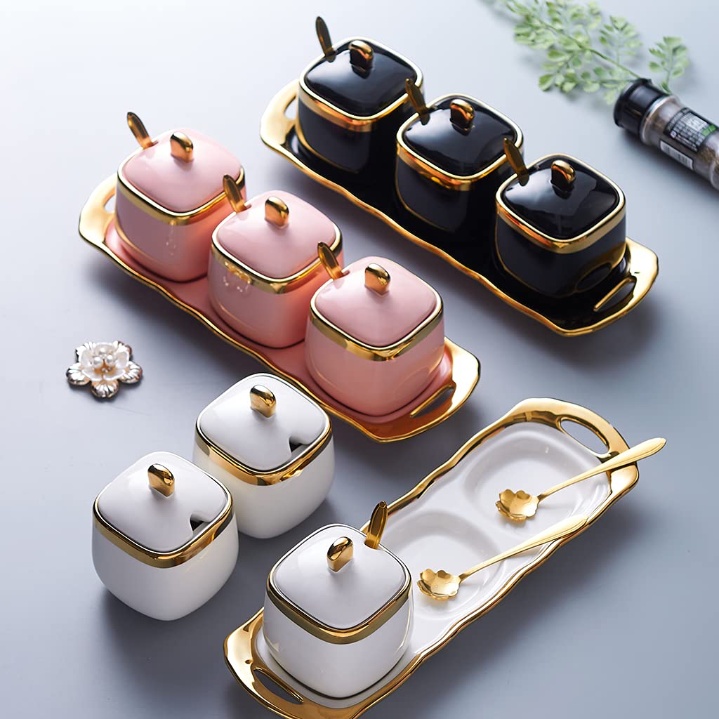 Fvstar Black Sugar Bowl with Lid and Spoon,Ceramic Condiment Jars Spice Container with Tray,Sugar and Salt Bowls,Gold Condiment Containers Pots Seasoning Box Set of 3 for Kitchen Coffee Bar