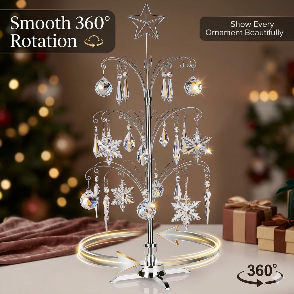 HOHIYA 47" Rotating Ornament Display Tree with 60 Hooks Heavy Duty Metal Christmas Ornament Stand Silver Rotating Display Rack for Glass Ornaments Holiday Decor Craft Show & Year Round Display