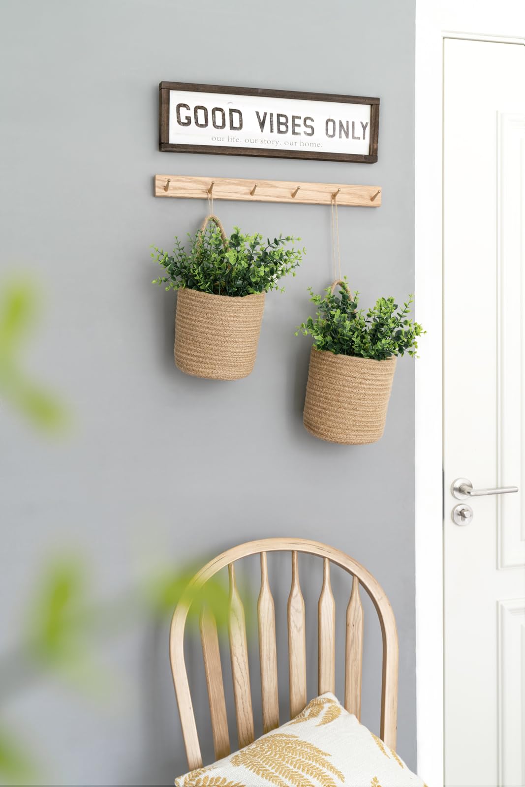 Dahey 2 Pack Wall Hanging Rope Basket (6.5"W×7"H) with Artificial Eucalyptus, Jute Woven Storage Organizer Flower Plants Basket Farmhouse Rustic Wall Decor for Porch Living Room Bedroom Entryway,Brown