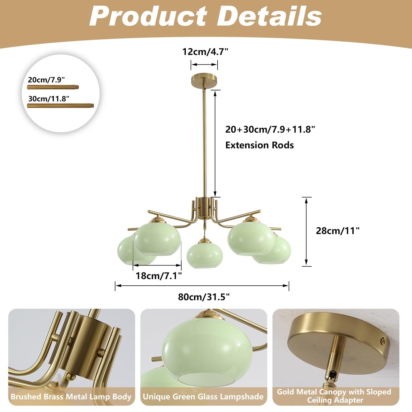 KCO Lighting Green Glass Pendant Light 5 Light Large Globe Chandelier Brushed Brass Sputnik Chandelier Mid Century Modern Chandelier Light Fixture for Dining Room Bedroom
