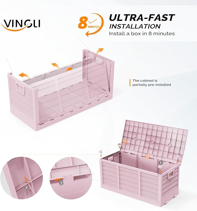 VINGLI 75 Gallon Collapsible Outdoor Storage Box, Simple-to-assemble Plastic Storage Containers with Lid, Patio Deck Box Furniture for Garden, Pool, Balcony, Yard (Pink)