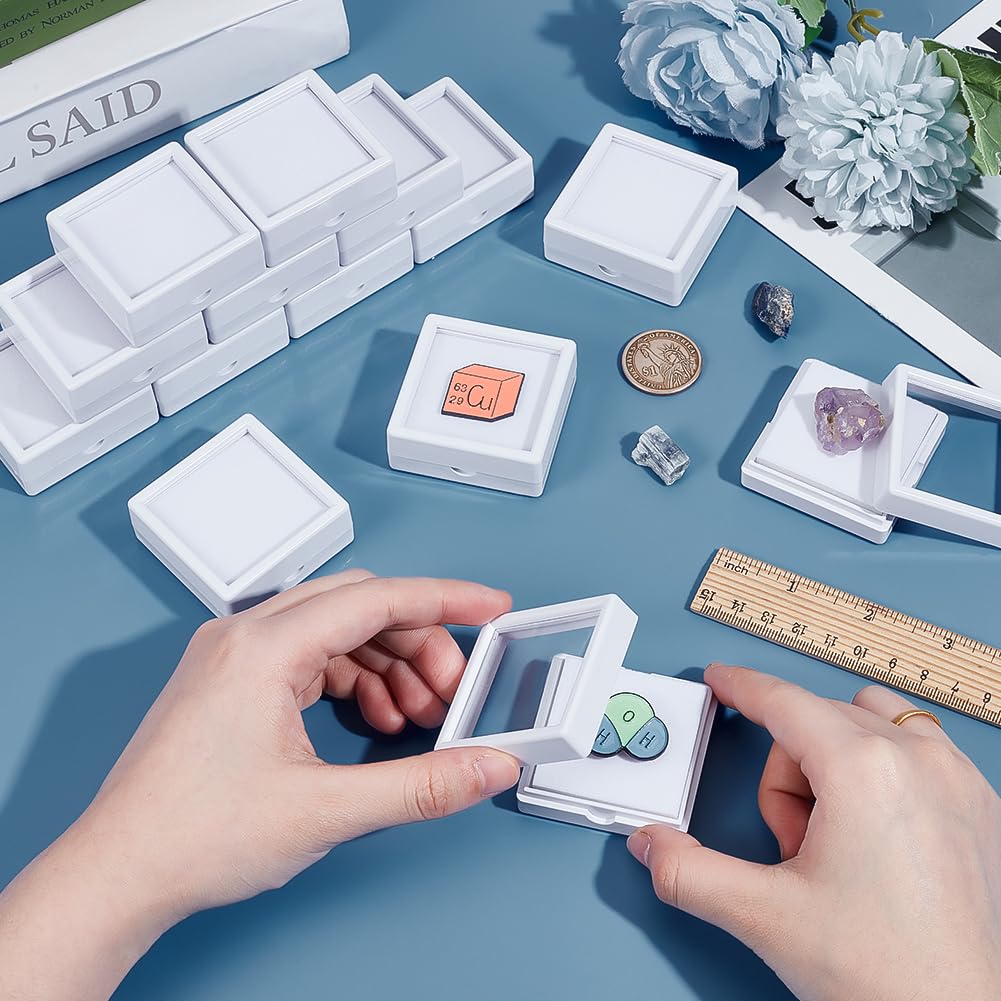 BENECREAT 24Pcs White Gemstone Display Box, 2x2x0.8Inch Jewelry Box Container with Clear Top Lids for Gems, Festival Wedding Jewelry Packaging