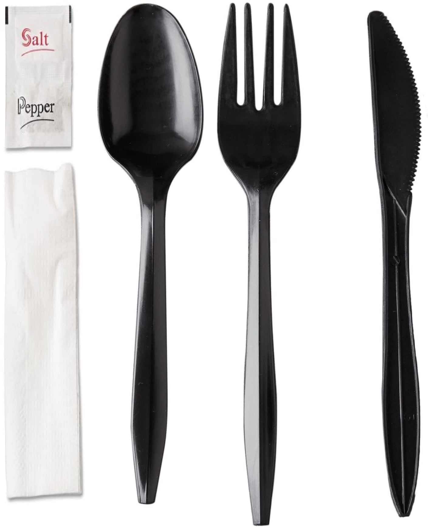450 Plastic Cutlery Packets - Knife Fork Spoon Napkin Salt Pepper Sets | Black Plastic Silverware Sets Individually Wrapped Cutlery Kits, Bulk Utensil Cutlery Set Disposable To Go Silverware