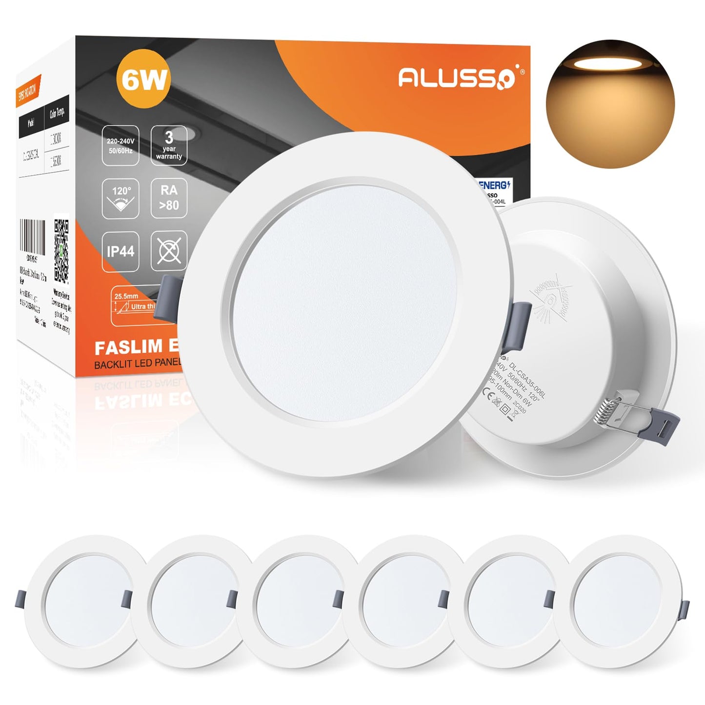 ALUSSO LED Downlights for Ceiling 6W Ultra Slim LED Recessed Ceiling Spot Lights 3000K Warm White IP44 Waterproof Spotlights Ceiling Lights for Bathroom Kitchen Living Room, 6 Pack