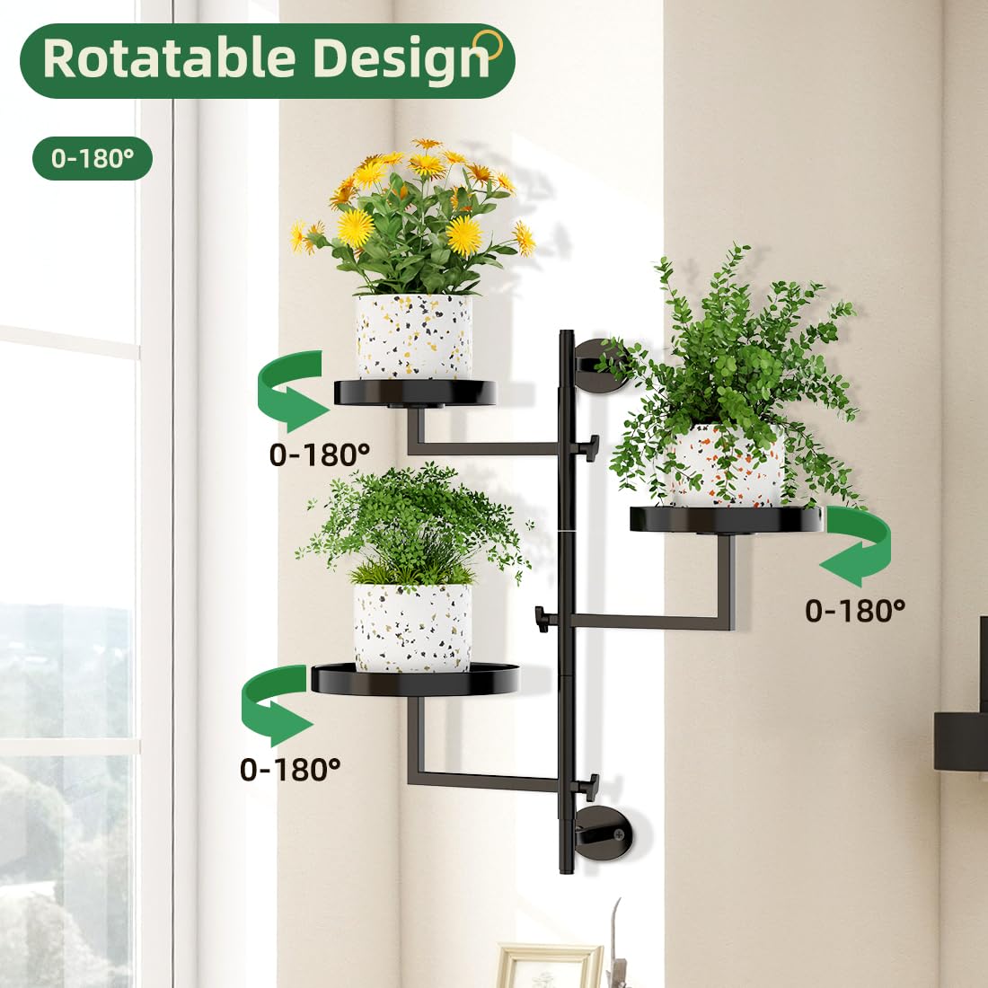 Gaoymsym Rotating Window Plant Shelf Wall Plant Shelf Indoor Metal Plant Stand Window Shelves for Plants 3 Tier Plant Stand Wall Plant Holder Wall Planters for Indoor Plants, Outdoor Plant Stands for Patio, Black