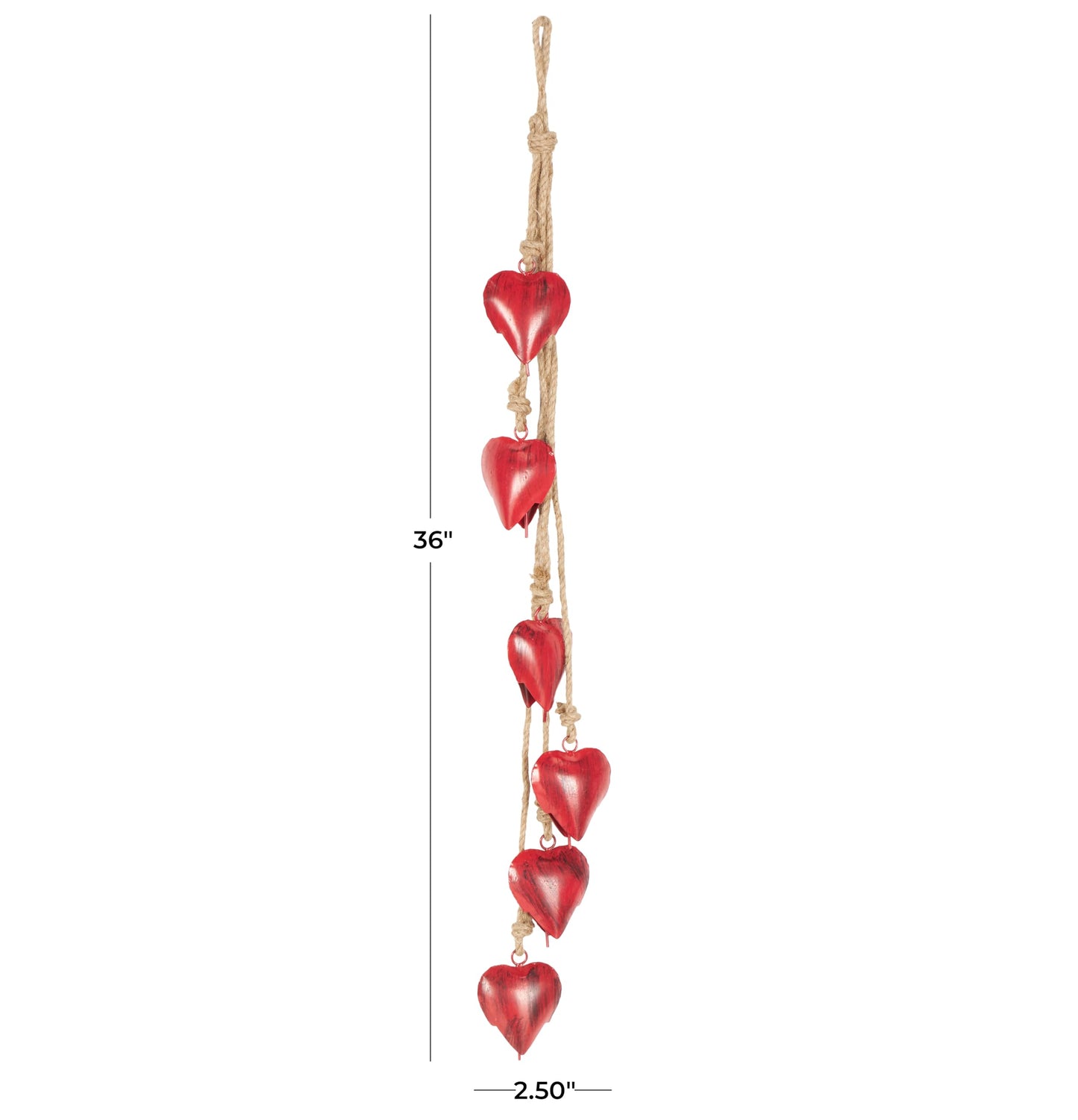 Deco 79 Metal Heart Indoor Outdoor Decorative Cow Bells Tibetan Inspired Meditation Bell with 6 Bells on Jute Hanging Rope, Cow Bell 2.50" x 2.50" x 36.00", Red