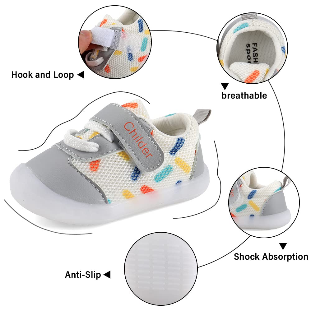 MASOCIO Baby Shoes Boys Girls First Walking Toddler Trainers Sneakers Pre Walker Boy Infant 12-18 Months Size 3 UK Child Grey