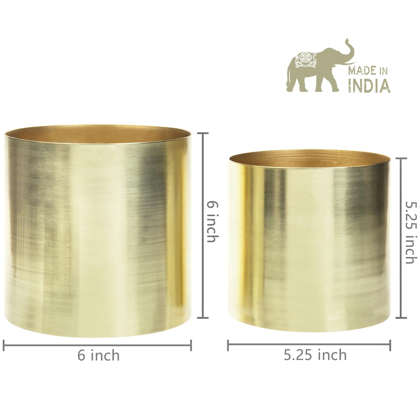 MyGift Modern Brushed Brass Plated Indoor Plant Pot, Cylindrical Metal Vase, 5 and 6 Inch, Set of 2 - Handcrafted in India