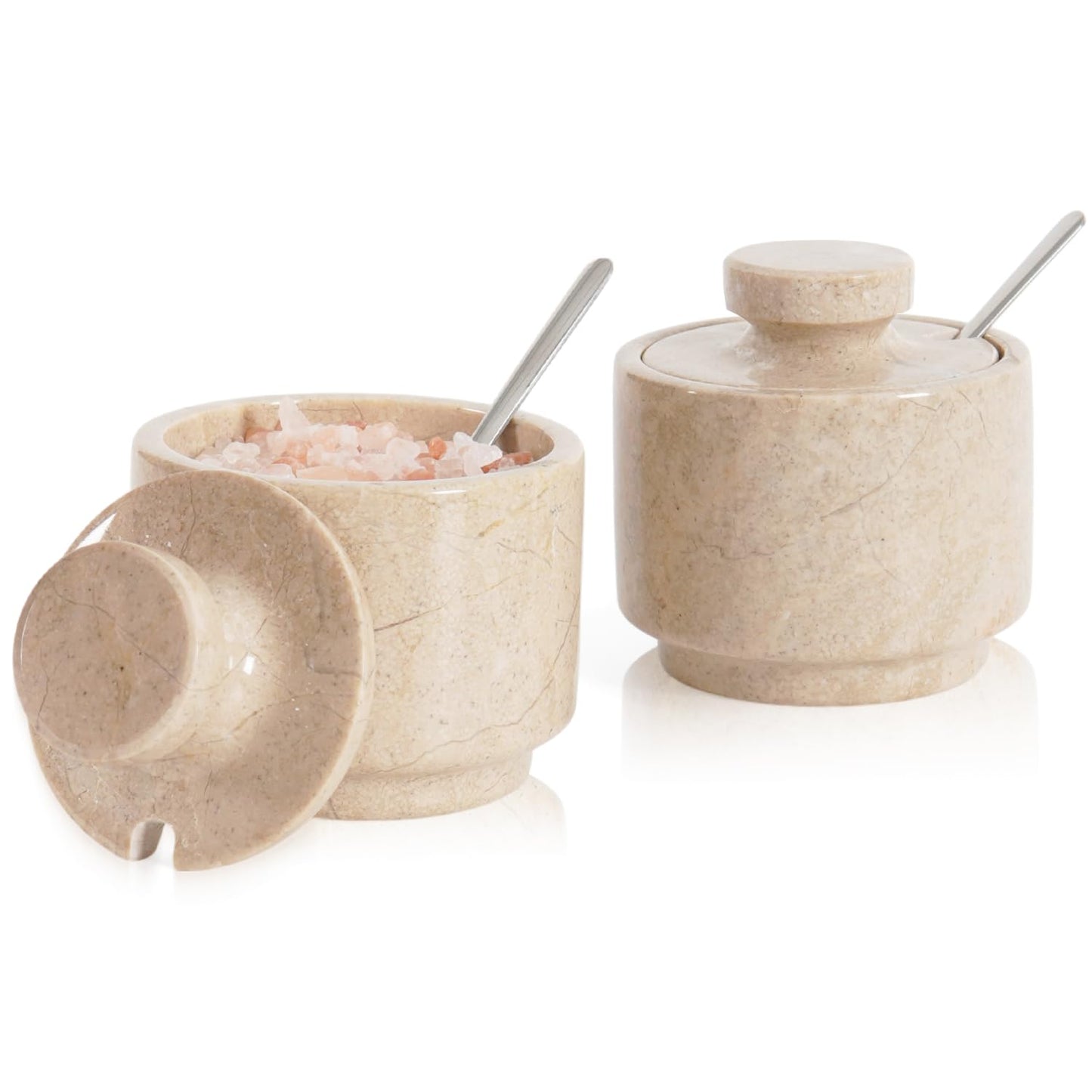 MARBLOUS KRAFTS Marble Salt Cellar 3" Inch Verona Stone Salt Container for Gift for Mom, Ideal Set of 2 Coffee Storage Container Kitchen Countertop, Candy Jars with Lids and Spoons, Spice Storage