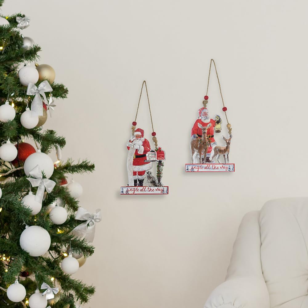 Rustic Metal Christmas Ornaments 2-Pack Xmas Hanging Ornaments Embossed Santa Claus Reindeer for Christmas Tree, Fireplace and Wall Decoration