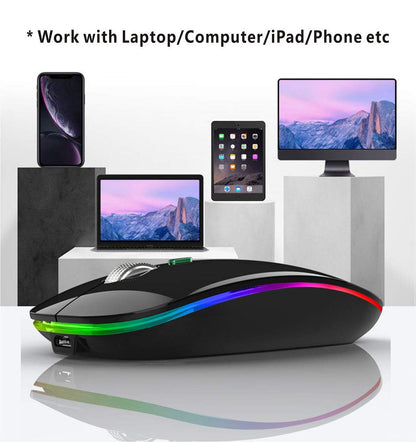 TENMOS Wireless Bluetooth Mouse, LED Slim (Bluetooth 5.1/5.0 + USB) 2.4GHz Rechargeable Silent Bluetooth Wireless Mouse with Type C Adapter for Laptop/MacBook/iPad OS 13 and Above (Matte Black)