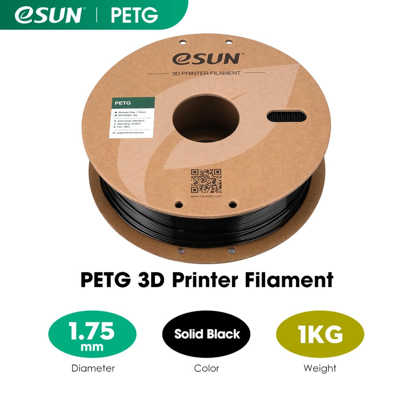 eSUN PETG Filament 1.75mm, 3D Printer Filament PETG, Dimensional Accuracy +/- 0.05mm, 1KG Spool (2.2 LBS) 3D Printing Filament for 3D Printers, Solid Black