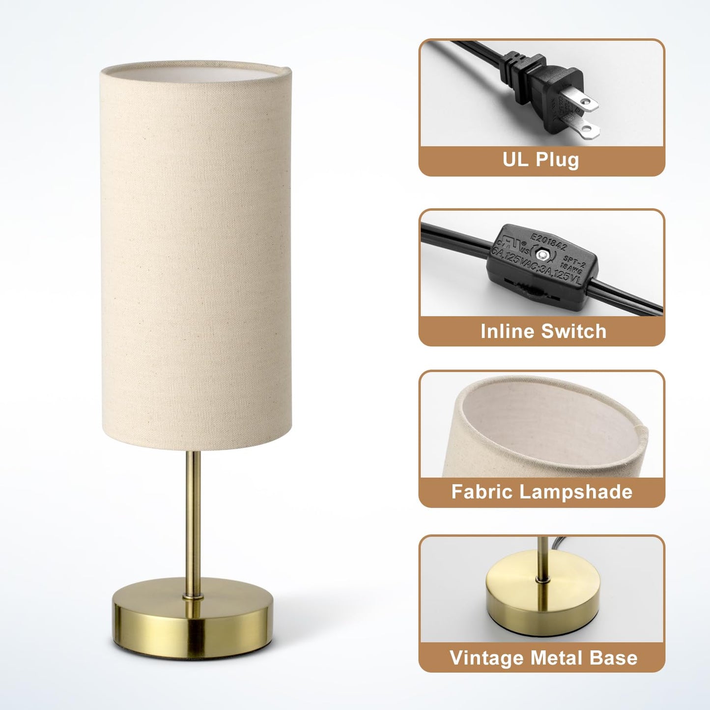 Small Side Table Lamp for Bedroom Night Stands, Round Linen Shade and Antique Brass Metal Base, Retro Minimalist Bedside Lamps for Dresser, Desk, Office, College Dorm, Warm Light, 5W LED Bulb Included