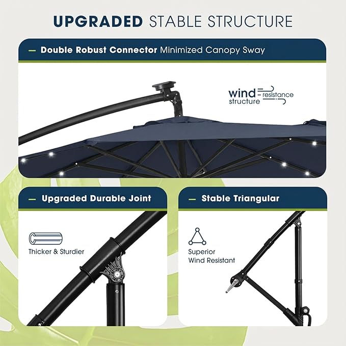wikiwiki 10ft Solar LED Patio Umbrella with Base Included, Offset Umbrella with Weighted Sandbag Base, Cantilever Patio Umbrella for Backyard, Garden & Deck, 32 LED Lights & Polyester Shade, Navy Blue
