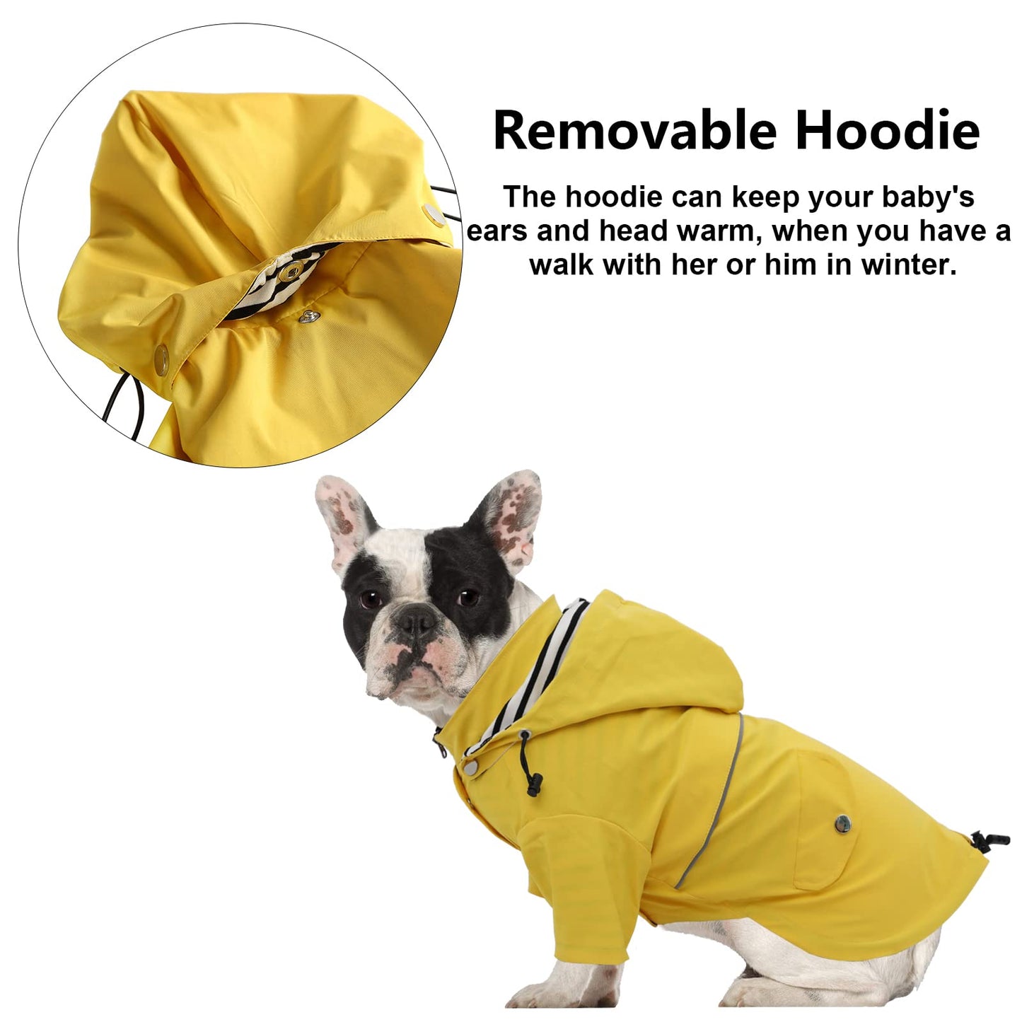 Morezi Dog Zip Up Raincoat with Reflective Buttons, Rain/Water Resistant, Adjustable Drawstring, Removable Hood, Raincoats with Legs 4kg to 36kg Available - Yellow - M