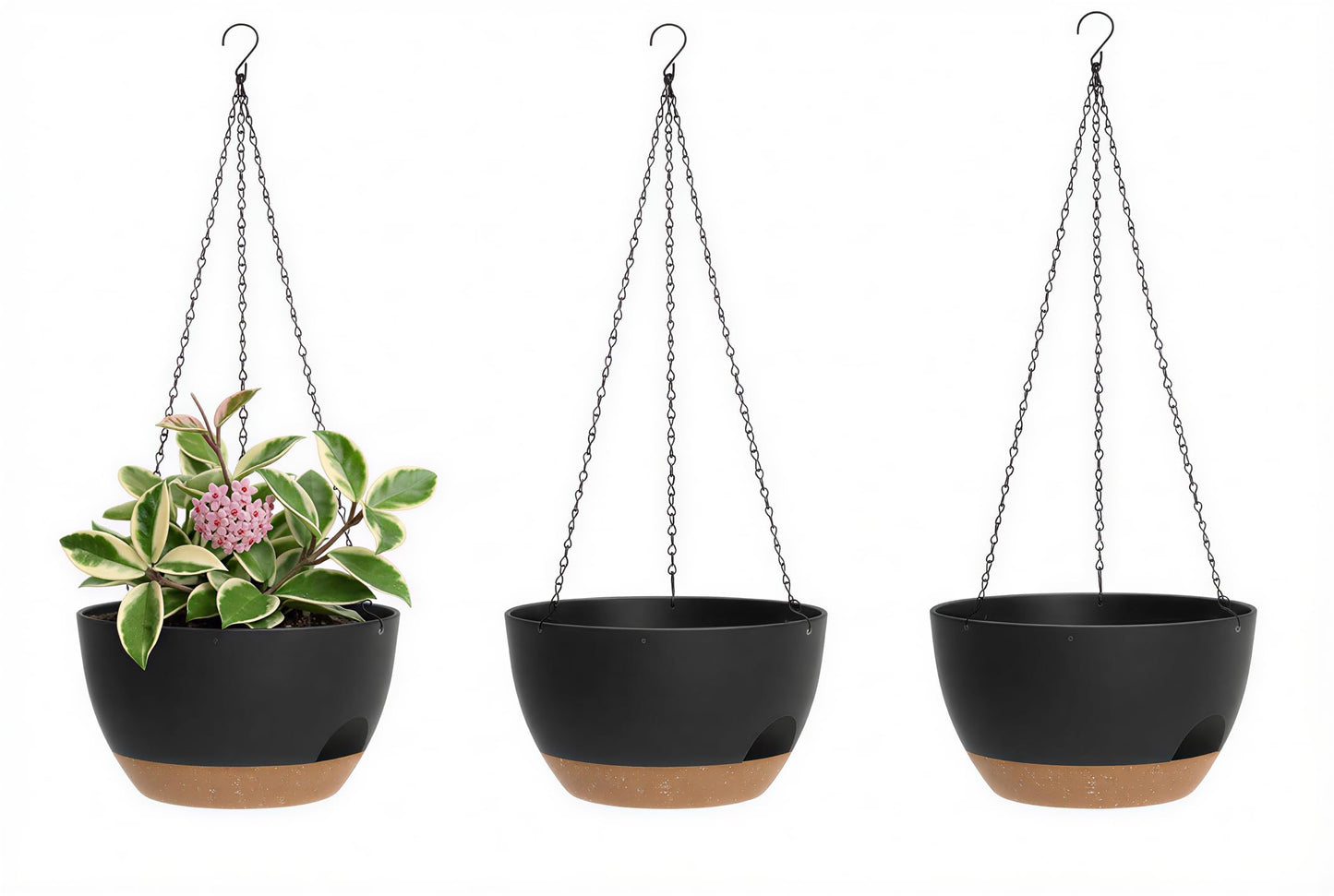XQSHPDM Hanging Planters 3-Pack, 8 Inch Self-Watering Hanging Pots with Drainage Hole and Chains, Plastic Planters for Indoor Outdoor（Black Brown）