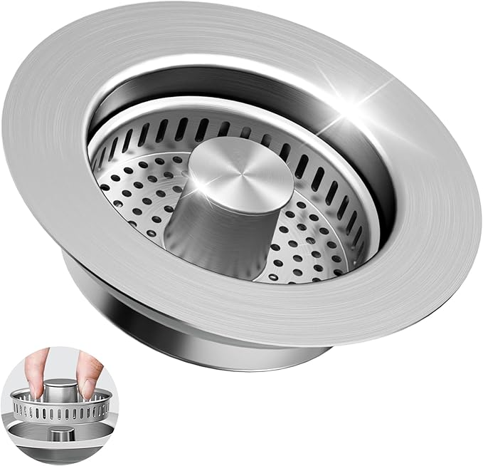 3 in 1 Kitchen Sink Drain Strainer & Sink Stopper, 304 Stainless Steel Pop Up