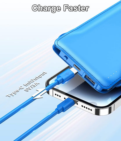 TG90° Portable Charger 10000mah Cell Phone Battery Backup, Ultra Slim Power Bank with Built in Lightning and USB-C Cable, Portable Phone Charger Battery Packs Compatible with iPhone Android Phones
