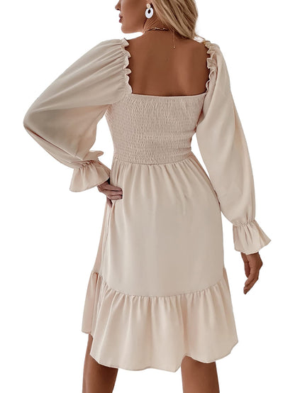 LYANER Women's Square Neck Lantern Long Sleeve Ruffle Shirred Flowy Party Mini Dress Solid Beige Small