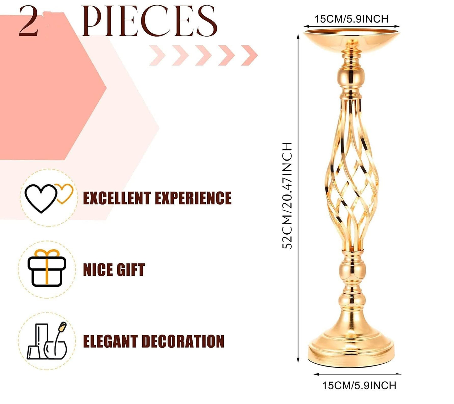 LANLONG 2pcs Metal Gold Candle Holders Road Lead Table Centerpiece Stand Pillar Candlestick for Wedding Candelabra Flowers Vases