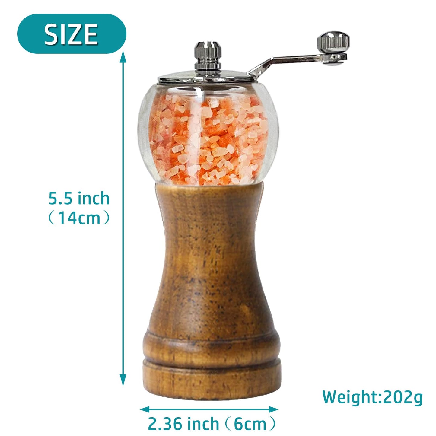 Pepper Grinder Set Classical Hand Shake Wood Manual Pepper Grinder, Setrefillable Wooden & Acrylic grinder,Ceramic Blades metal handle tools, Enjoy Fresh Ground Pepper Salts & spices 2PCS-6IN