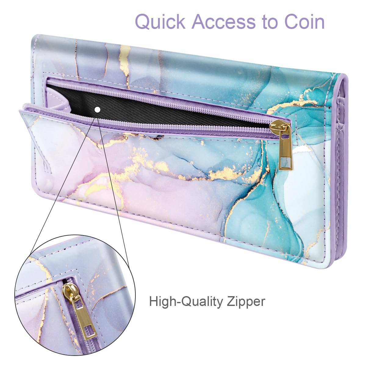 Simikol Ultra Slim Womens Wallet Minimalist Thin Long Leather Bifold Wallet RFID Blocking Card Holder Organizer with Zipper Coin Pocket Ladies Girls Gift Purse, Gradient Marble