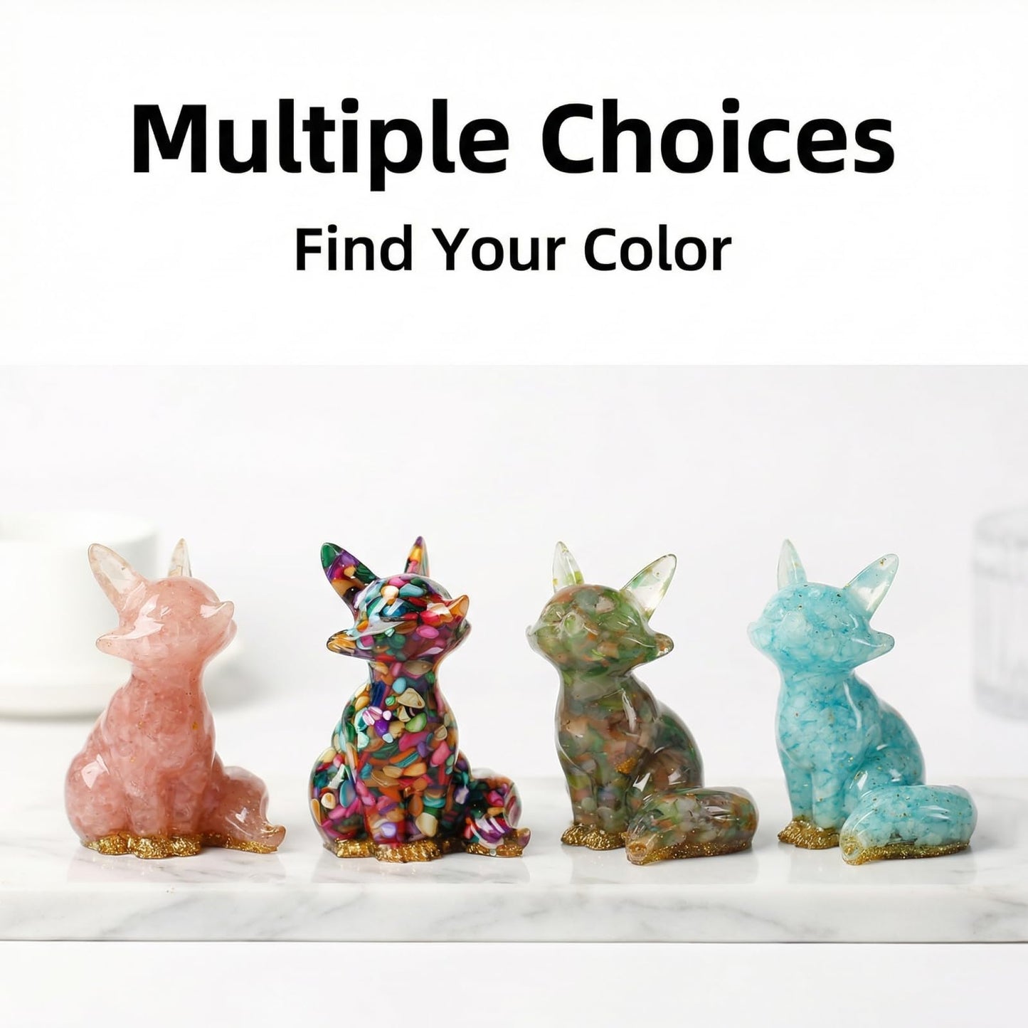 Resin Fox Figurine - Handmade Animal Statue Inlaid with Natural Crystal Stones | Home Decoration, Desktop Ornament, Creative Gift (Colour Shell Fox)