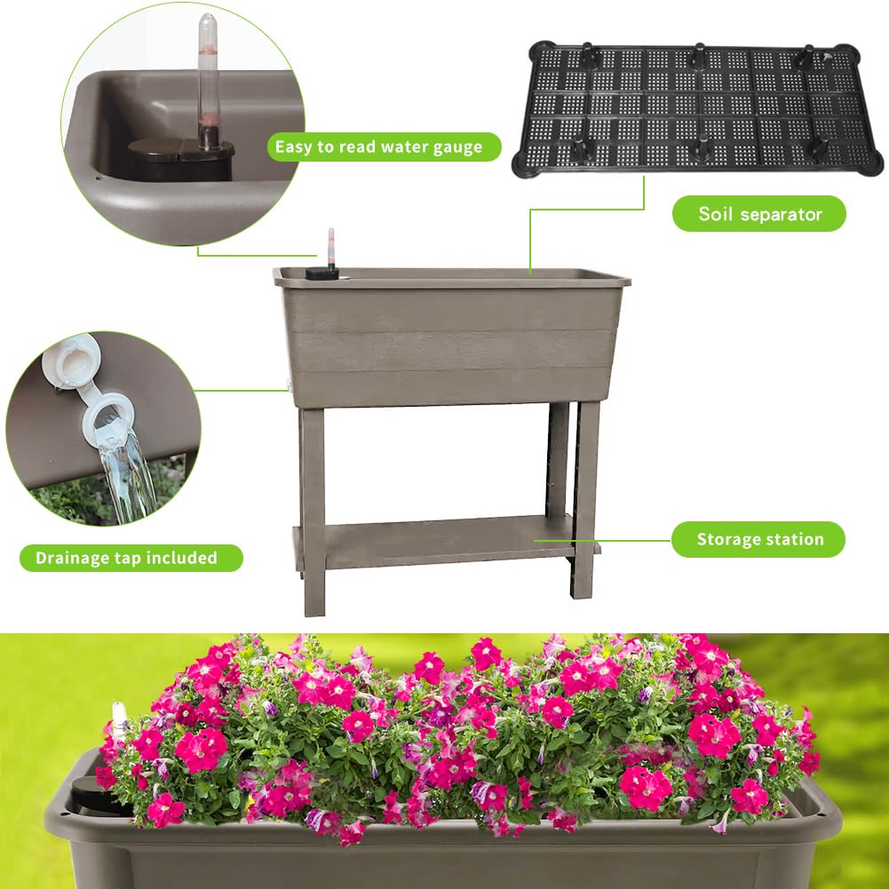 Megawodar 3 Pcs Self Watering Elevated Raised Garden Bed, Large Outdoor Plastic Planter Box Big Flower Plant Pot for Planting Flowers Vegetables and Herbs (3, Khaki)
