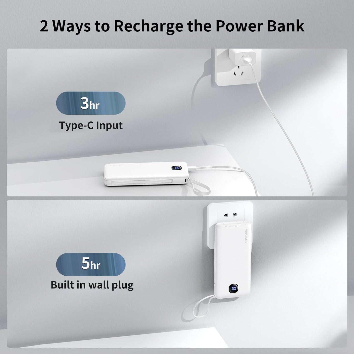 Portable Charger with Built-in Cables&AC Wall Plug,Slim 10000mAh 22.5W Fast Charging Power Bank,5 Output 2 Input USB-C External Battery Pack Compatible with iPhones,Samsung,Android, etc