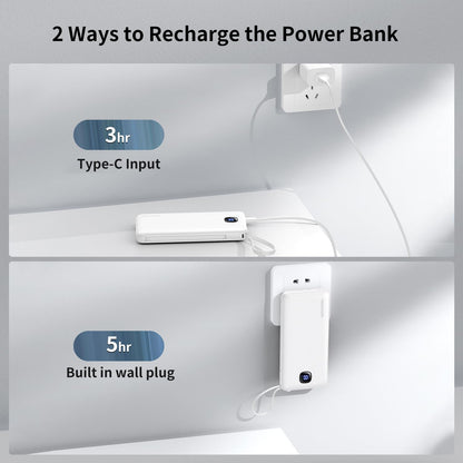 Portable Charger with Built-in Cables&AC Wall Plug,Slim 10000mAh 22.5W Fast Charging Power Bank,5 Output 2 Input USB-C External Battery Pack Compatible with iPhones,Samsung,Android, etc