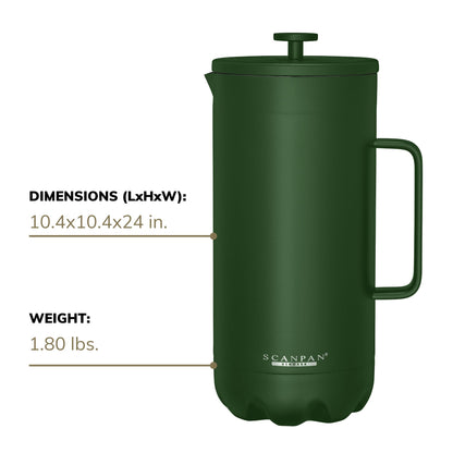 Scanpan TO GO French Press Coffee Maker 1.0L (Forest Green) + 2 Vacuum Cups 350 mL (Forest Green) - 18/8 Food Grade Stainless Steel - Scratch-Free Coating - Dishwasher Safe