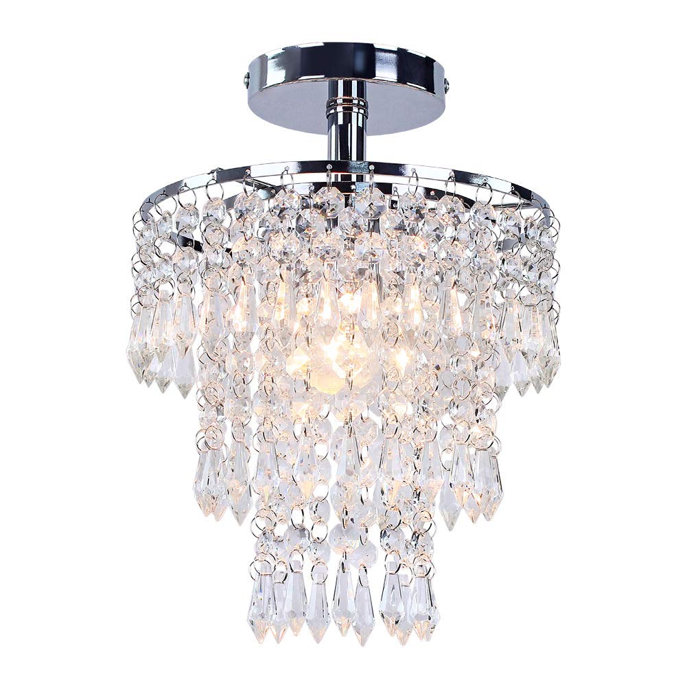 FRIXCHUR Small Crystal Chandelier Led Crystal Ceiling Lights 3 Tiers Crystal Raindrops Chandelier Pendant Lighting Fixture Decoration for Bedroom Hallway Living Room,Chrome, E26