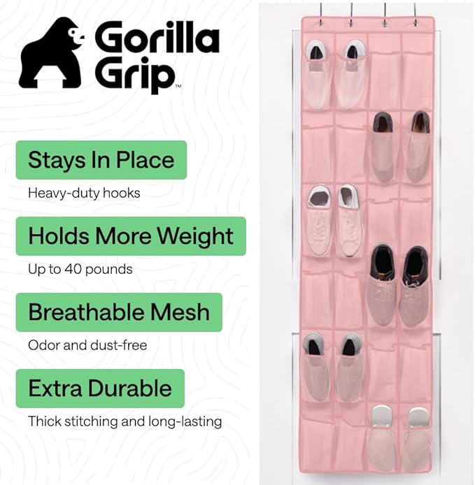 GORILLA GRIP Over the Door Shoe Organizer, 24 Large Breathable Mesh Pockets