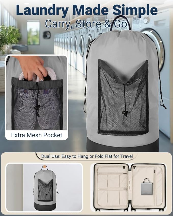 Laundry Bag with Shoulder Straps and Mesh Pocket Laundry Backpack Large