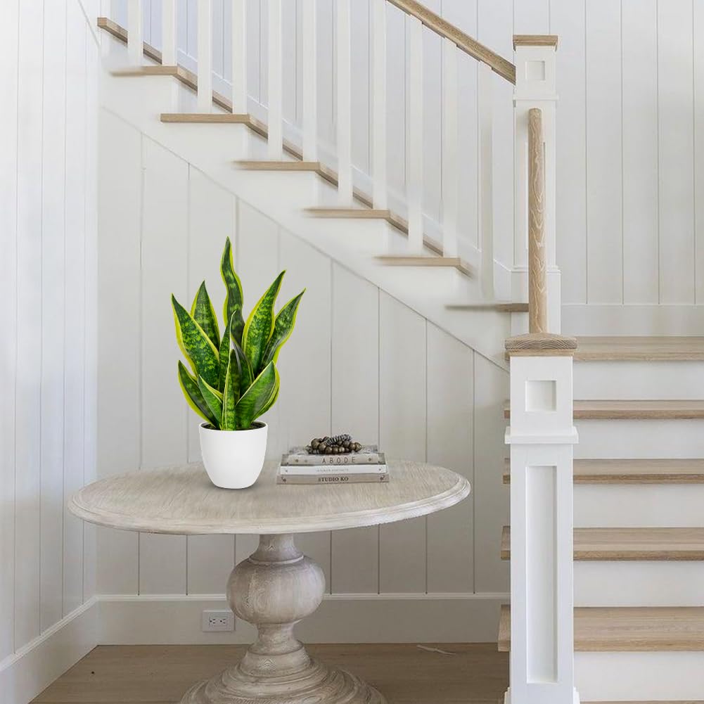 Hollyone Artificial Snake Plant Potted Faux Sansevieria Trifasciata Plants, 18" Tropical Fake Plants in White Pots for Home Office Room Indoor Decor Housewarming Gifts