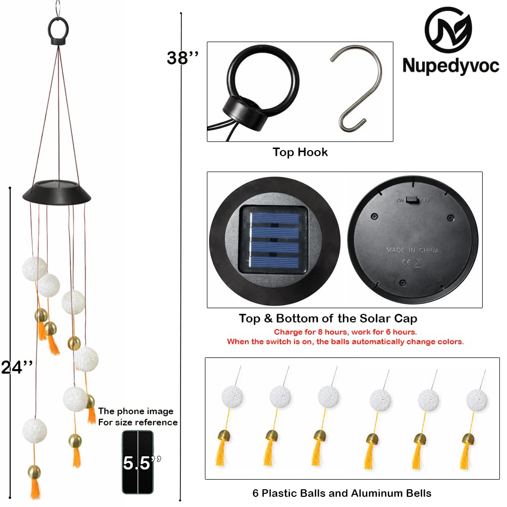 38” Mini Ball Bell Solar Light LED Wind Chime for Outside, Weather Resistant Decoration Outdoor Garden Patio Subtle Tone Decor, Ideal Gift for Birthday, Mother's Day, Meditation, Ambiance