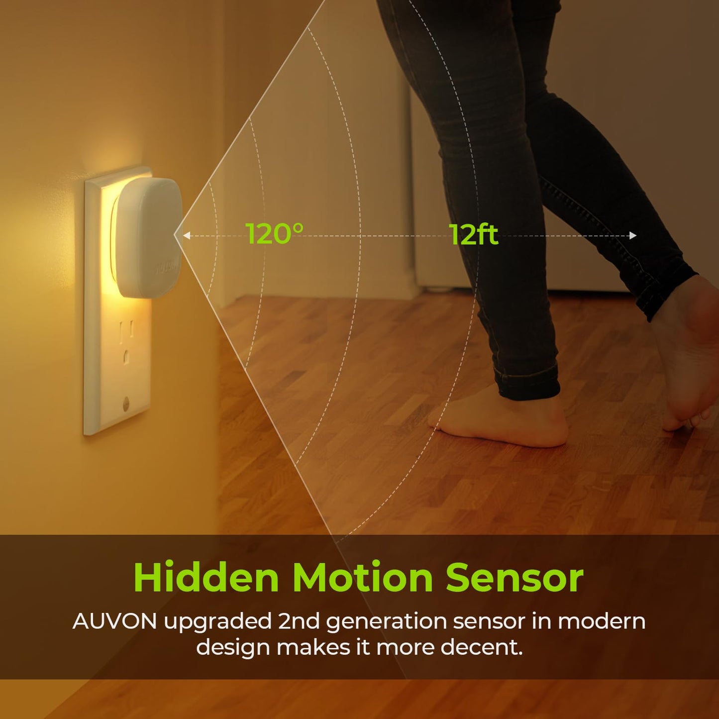 AUVON Plug-in LED Backlit Night Light with Motion Sensor & Dusk to Dawn Sensor, Dimmable Amber Nightlight with 1-50 lm Adjustable Brightness for Bedroom, Bathroom, Stairs, Hallway (4 Pack)