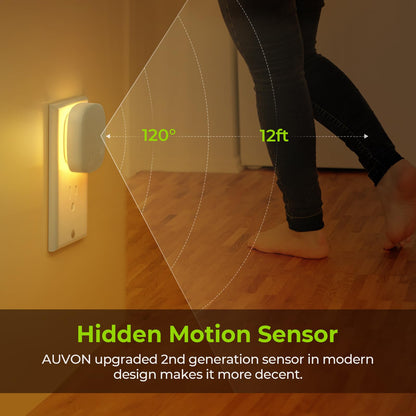 AUVON Plug-in LED Backlit Night Light with Motion Sensor & Dusk to Dawn Sensor, Dimmable Amber Nightlight with 1-50 lm Adjustable Brightness for Bedroom, Bathroom, Stairs, Hallway (4 Pack)
