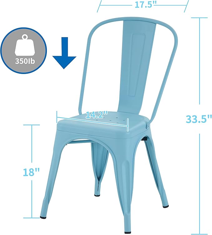 Nazhura Metal Dining Chair Farmhouse Tolix Style for Kitchen Dining Room Café Restaurant Bistro Patio, 18 Inch, Stackable, Waterproof Indoor/Outdoor (Sets of 4) (Blue)