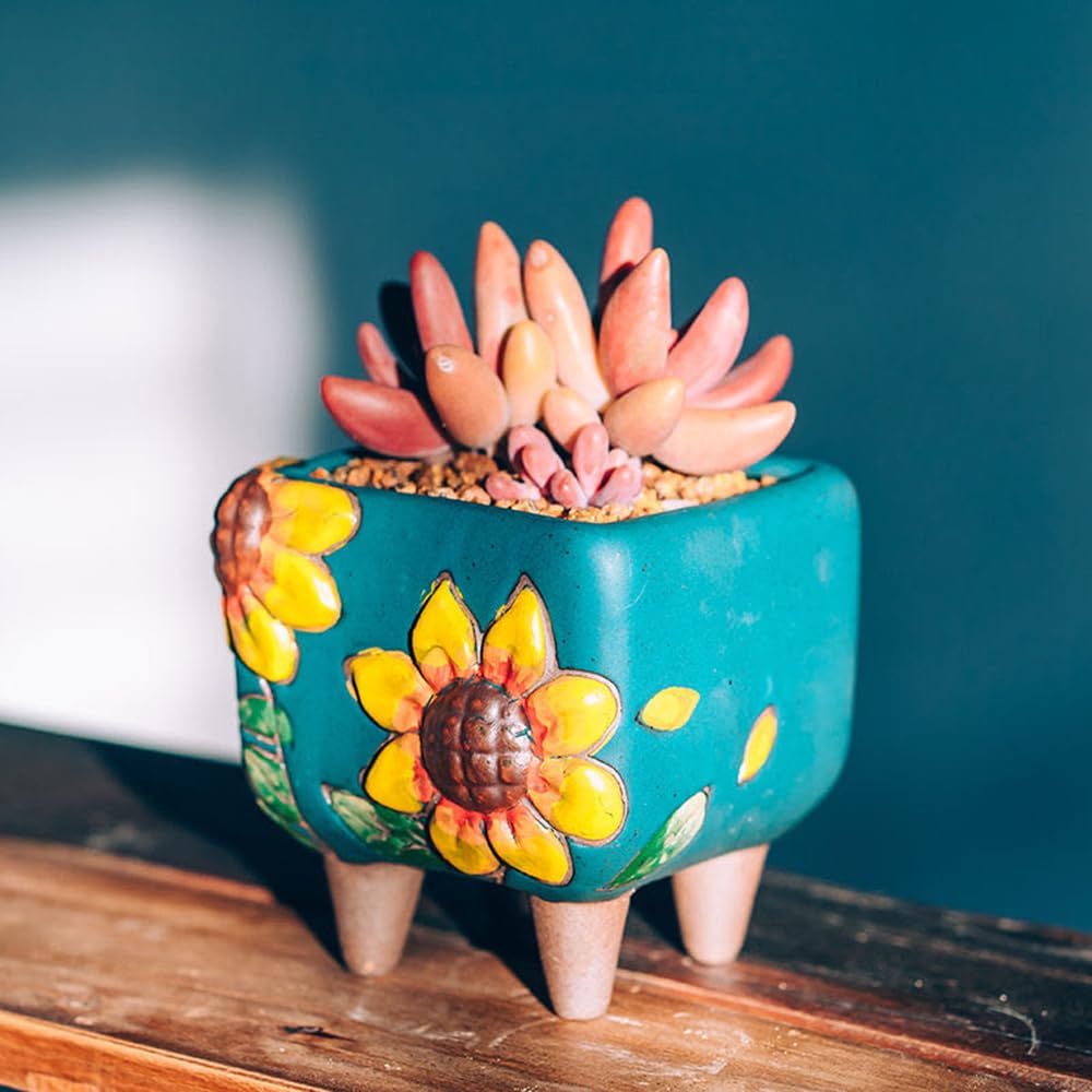 Summer Impressions 3.63 Inch Hand Painted Square Succulent Planter with Drainage and Clear Plastic Saucers Cactus Planter Pot Clay Pot Sunflowers Indoor Outdoor Pack of 3